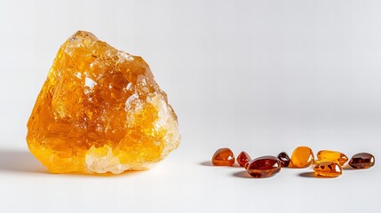 Golden and amber gemstones on a white background.  A large, rough-hewn golden stone contrasts with smaller, tumbled amber stones.