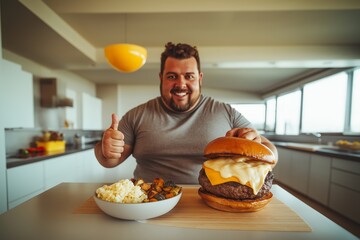 A happy man enjoys a large meal featuring a burger, showcasing the idea of low-carb meals while celebrating his journey with the Ketogenic diet for weight loss.