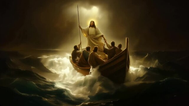 Jesus calms the storm a miraculous moment on the sea of galilee with awe struck disciples

