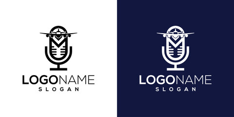microphone and airplane logo icon design vector