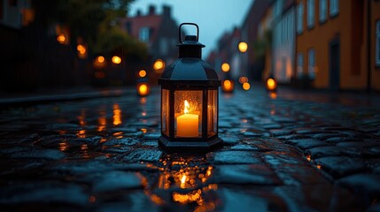 Lantern Candlelight Illuminates Rainy Cobblestone Street