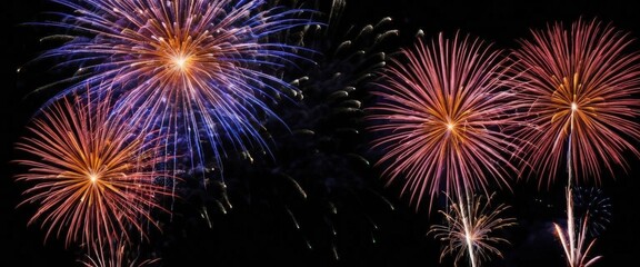 Fototapeta premium Bright fireworks display in vibrant colors on a dark night sky.