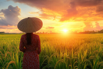Fototapeta premium Slender woman in beautiful dress looking at rice field plantation. Sunset over rice field. Generated by artificial intelligence