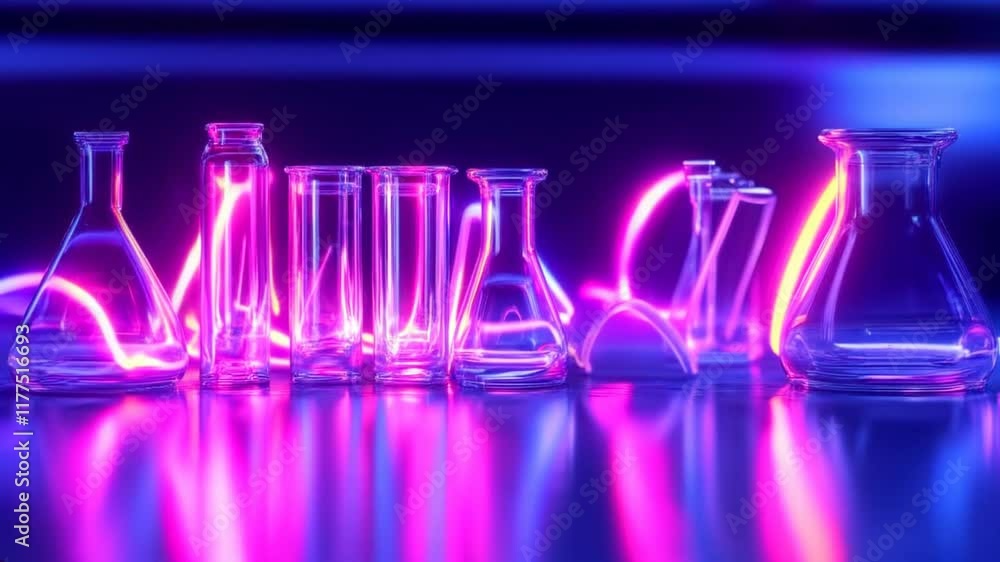 Poster illuminated laboratory glassware neon science experiment setup