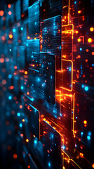 Abstract digital data stream with glowing lines and blocks.