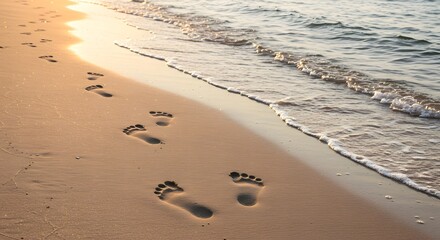 Small footsteps of child on sandy shore with gentle waves symbolizing walking with God and innocence of faith