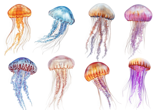 collection of eight beautifully illustrated jellyfish. each displaying unique colors and patterns the jellyfish are depicted in a realistic style. showcasing their translucent bodies and flowing tenta