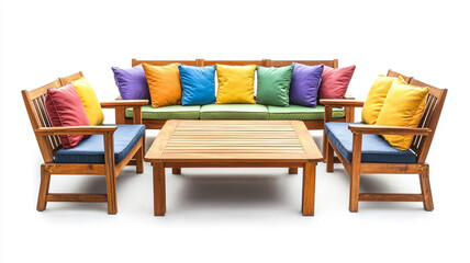 an outdoor wooden garden furniture set with cushions isolated on a white background