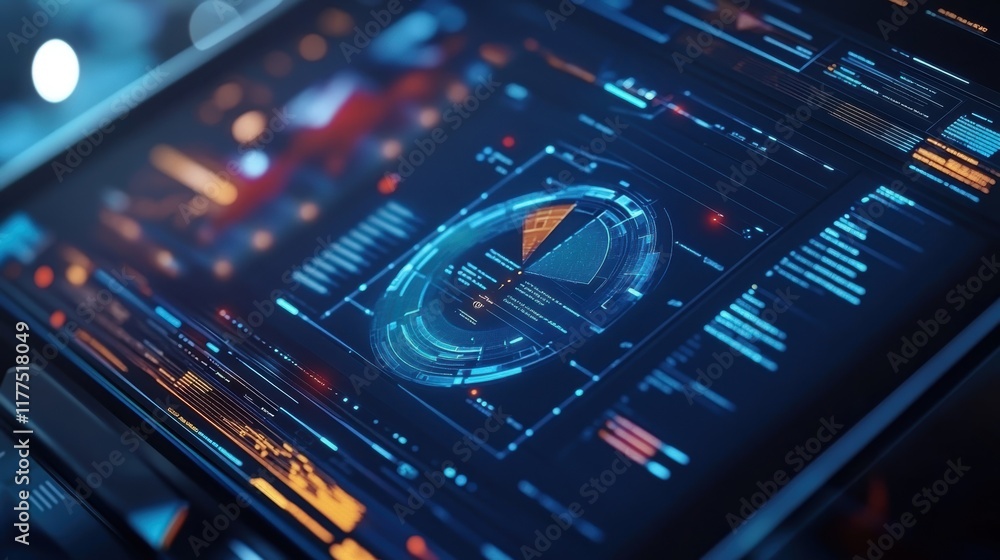 Poster futuristic control panel displaying various charts, graphs, and data analysis related to manufacturi