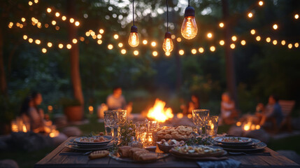An outdoor evening birthday party with string lights, a bonfire, and a table set for food