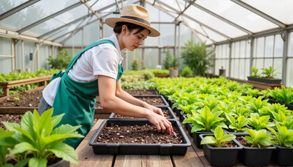 Obraz premium Focused gardener arranging seed trays in greenhouse, garden preparation