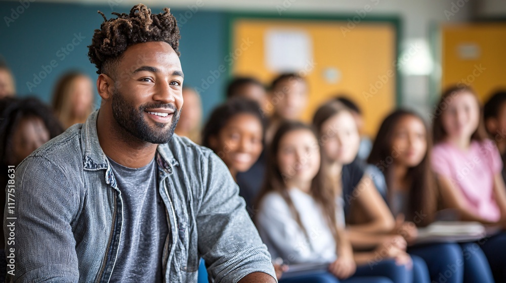 Aufkleber Intro to programming highlighted by an instructor guiding a group of students Stock Photo with side copy space