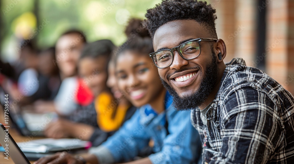 Aufkleber Intro to programming highlighted by an instructor guiding a group of students Stock Photo with side copy space
