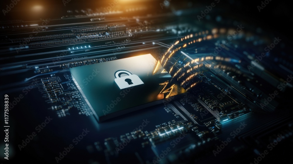 Poster Digital Lock Security Concept on a Microchip with Circuit Board Background, Representing Data Protection and Cybersecurity Innovation in Technology