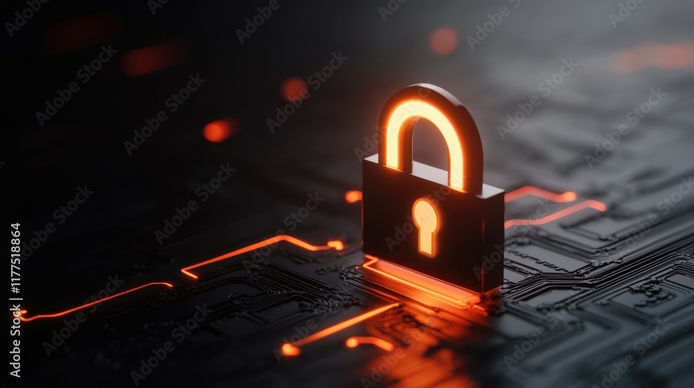 Poster Digital Security Concept with a Glowing Lock Symbol on a Circuit Board Pattern Representing Data Protection and Cybersecurity in Modern Technology
