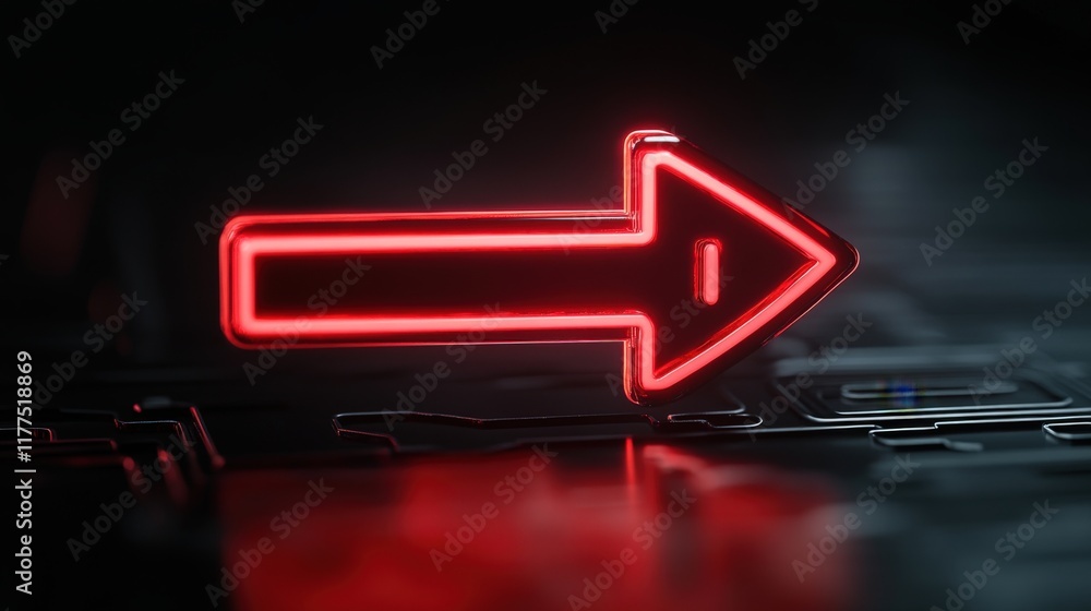 Poster bright red neon arrow sign on dark background, directional symbol for navigation, guidance, and path