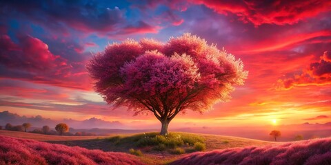Obraz premium Macro Heart Shaped Tree: Love in a Red Fantasy Landscape with Pink Flowers and Clouds