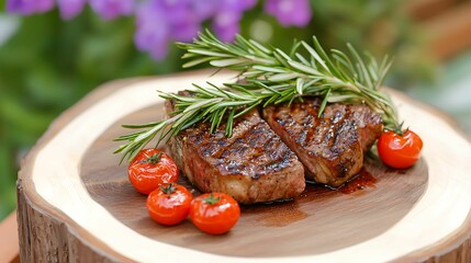 steak grilled rosemary cherry tomatoes. A beautifully plated steak with grilled tomatoes and fresh rosemary, set on a wooden board against a blurred floral background.