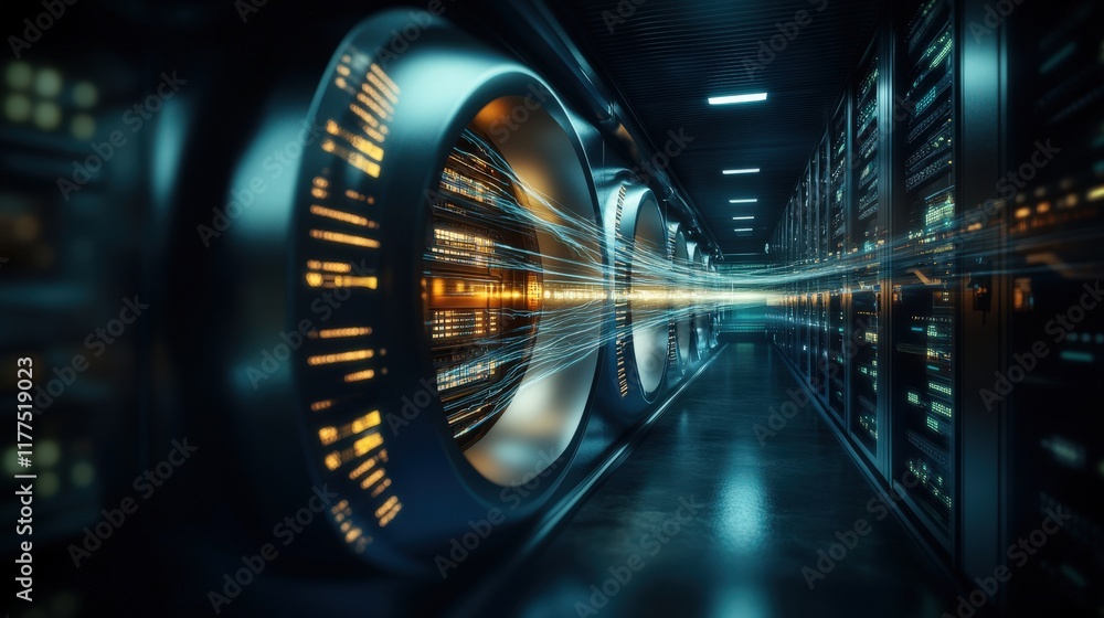 Poster futuristic data center interior with advanced technology showcasing neon lights and data flowing thr
