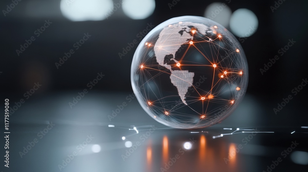 Aufkleber A Detailed View of a Transparent Globe Representing Global Connectivity with Network Lines and Bright Nodes Illuminating the Map of North and South America