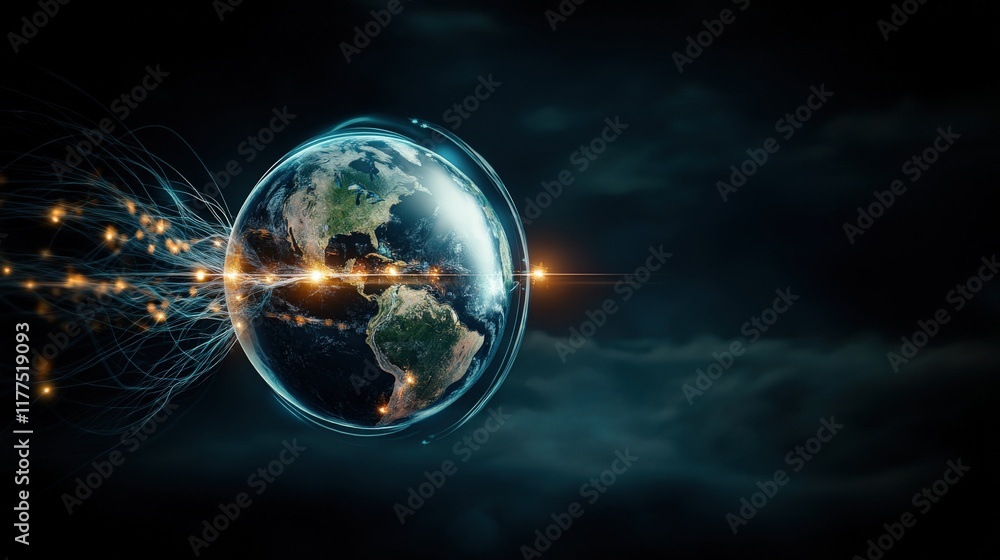 Aufkleber Captivating Digital Representation of Earth Surrounded by Light Trails and Energetic Flows in a Dark Atmosphere for Creative Projects and Visual Concepts