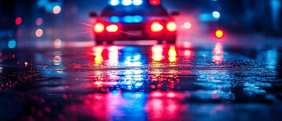 Rainy night, emergency vehicle, city lights. Stock photo