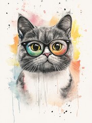 A cat wearing glasses and a colorful background
