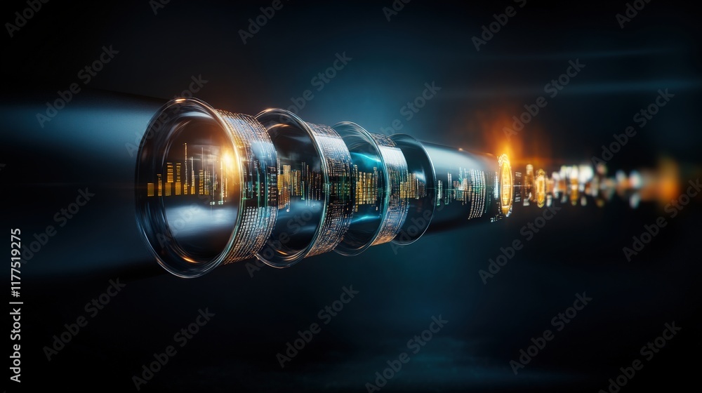 Leinwandbilder Abstract representation of a futuristic lens system focusing on light particles and data streams in a dark digital environment showcasing technology and innovation