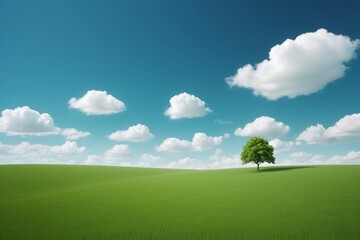 Fototapeta premium arafed view of a green field with a lone tree