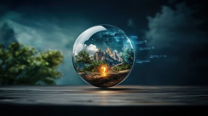 A Fantastical Glass Sphere Encasing a Majestic Mountain Landscape with Lush Greenery and Glowing Ember on a Dark Stormy Background