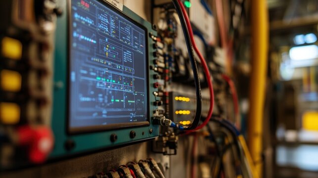 Control panel displaying various parameters and indicators, showcasing complex industrial processes and automation within a manufacturing or processing facility
