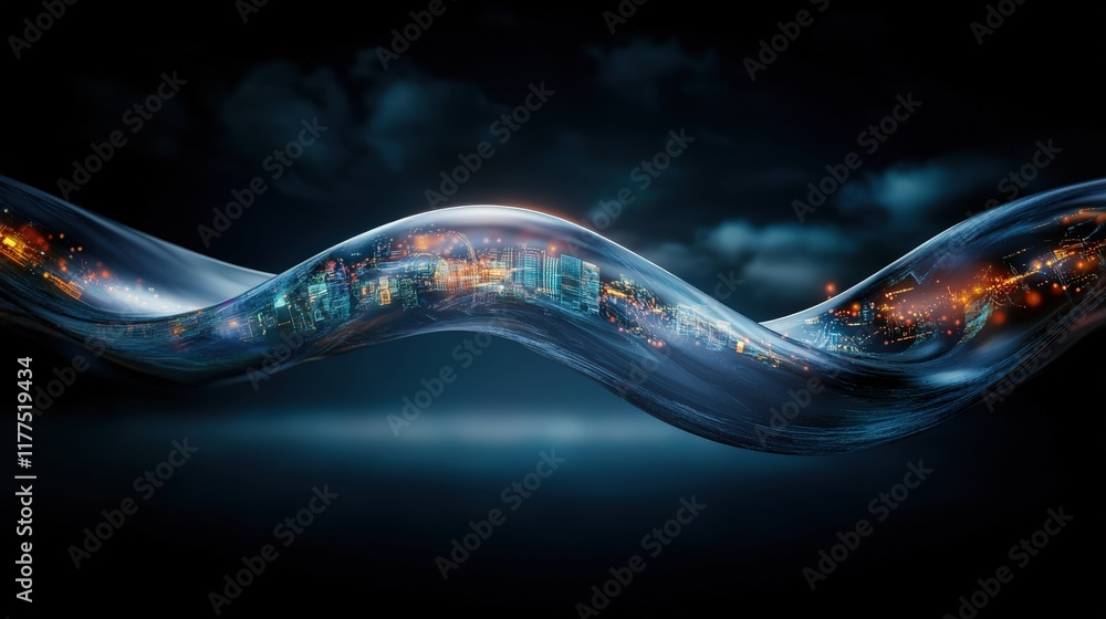 Poster abstract flowing wave with illuminated cityscape reflection, showcasing a blend of technology, art, 
