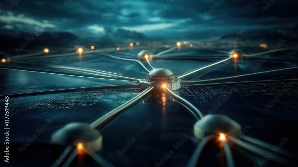 Aufkleber Futuristic Network Connections with Glowing Nodes and Dark Atmospheric Background Showcasing Technology and Digital Communication Concepts