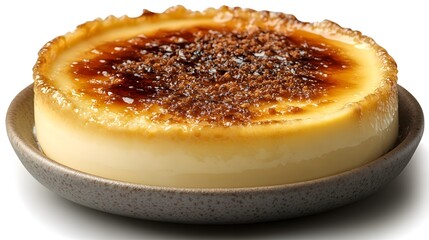 A whole caramelized burnt Basque cheesecake on a plate, isolated on white.
