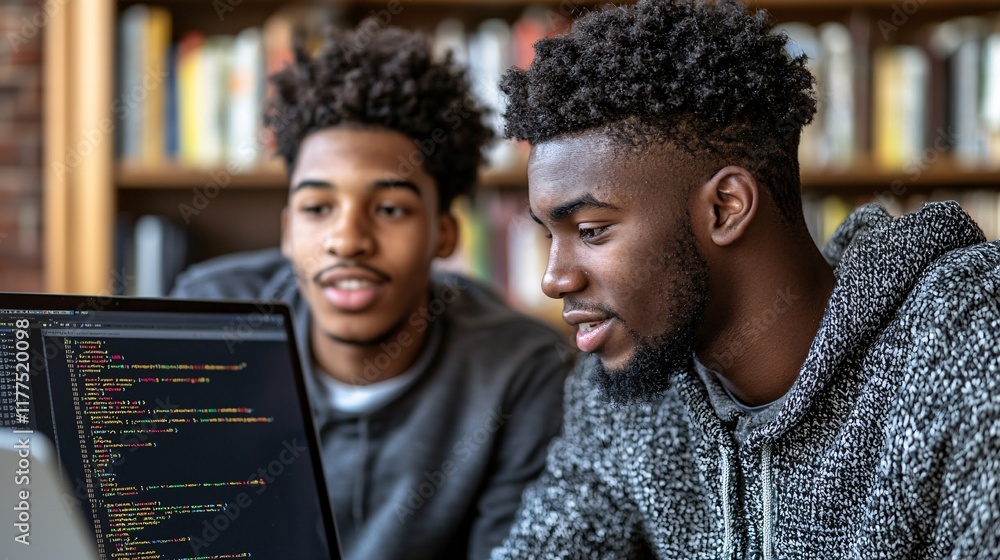 Aufkleber Intro to programming shown by a mentor helping a student fix a logic error Stock Photo with side copy space