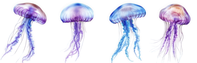 four beautifully illustrated jellyfish. showcasing a range of colors from purple to blue. each with long. flowing tentacles the vibrant designs highlight the elegance and diversity of these marine cre