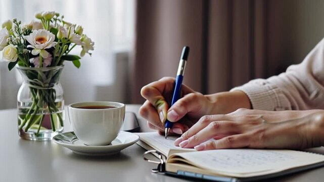 hands writing in a journal cup of tea on table or journaling reflective moment with tea cup or relaxing tea moment with journal writing