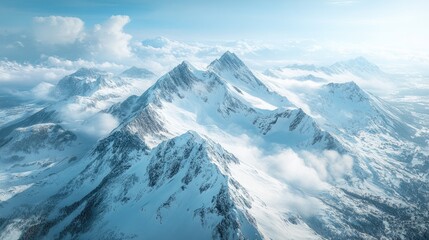 Fototapeta premium Majestic Snow Covered Mountain Peaks Soaring Above Clouds