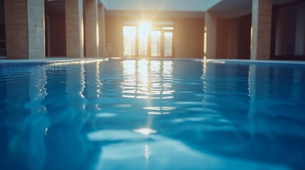 Sunny indoor pool, modern architecture, tranquil scene, relaxing