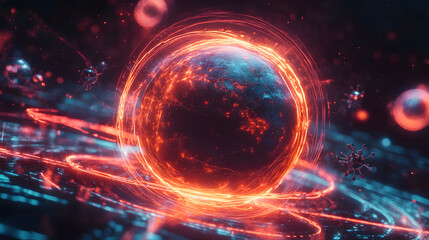 Obraz premium A glowing sphere representing a planet surrounded by time loops and quantum particles, showing the dynamic interaction of time, space, and matter 