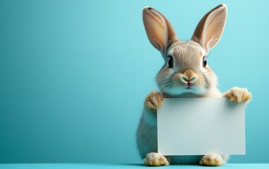 Obraz premium A cute rabbit holding a blank sign against a solid background, ideal for customization with text, playful and friendly design, soft pastel colors