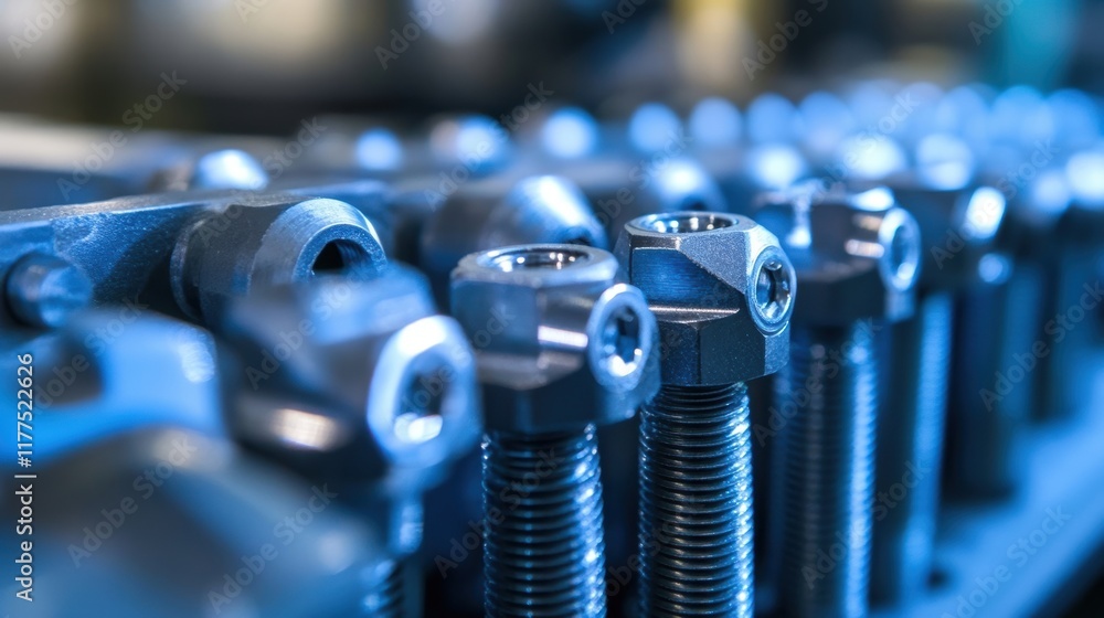 Poster precision engineered metal fasteners are arranged in a row, creating a visually appealing pattern wi