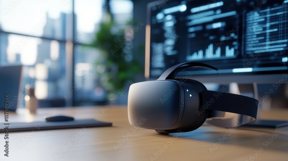 Poster Modern Virtual Reality Headset on Desk with Computer Monitor and Urban View in Background, Perfect for Technology and Gaming Imagery, Stylish Workspace Setting