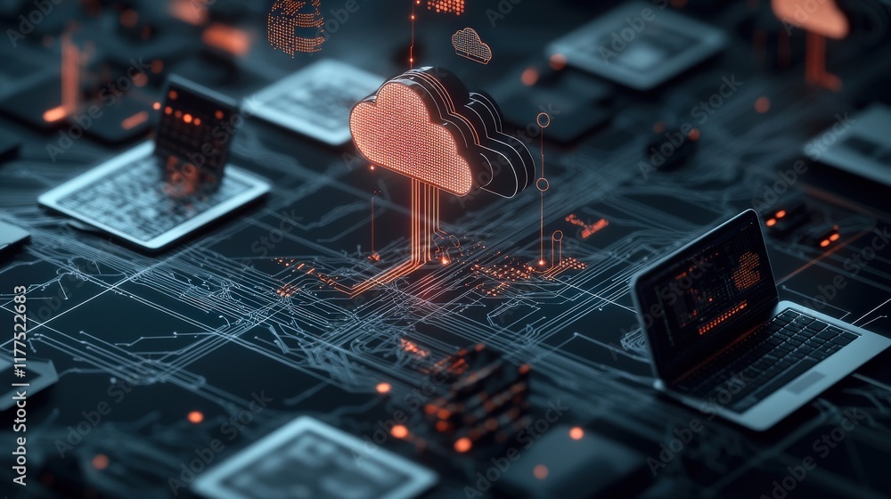 Aufkleber Abstract digital composition showcasing cloud computing technology, network connections, and multiple laptops on a dark background filled with glowing circuitry and data patterns