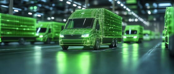 A futuristic green logistics concept with electric delivery vans and sustainable transportation methods, representing clean energy and environmental solutions, vibrant green tones
