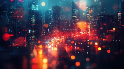 blend of blurred traffic lights and cityscape at night, creating a dynamic and futuristic banner that captures energy and movement of urban life in technology background, HD image