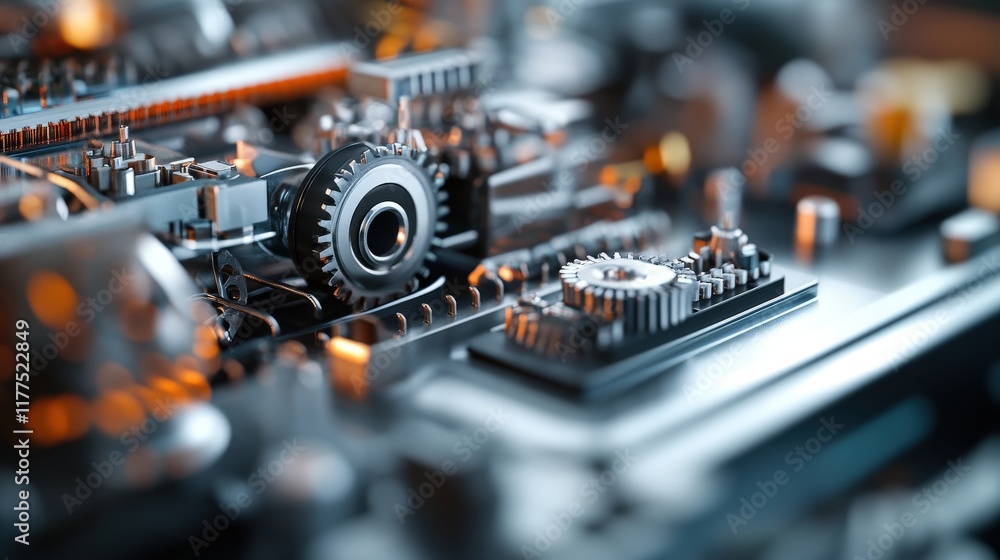 Poster Close-Up View of Intricate Mechanical Gears and Components in a Modern Engine, Showcasing Precision Engineering and Technological Innovation in Production Processes