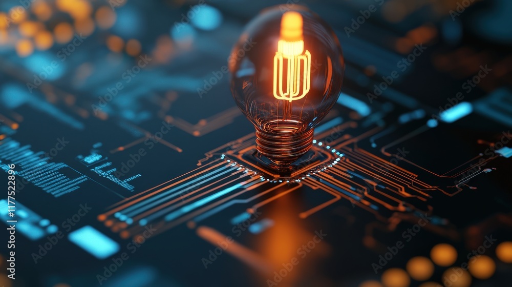 Poster Illuminated Light Bulb on Circuit Board Displaying Technological Innovation in Electrical Engineering with Glowing Elements and Modern Design Concepts
