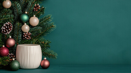 Festive Christmas decor evergreen branches, ornaments, pine cones, and a white pot against a teal background.