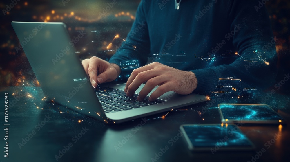 Poster Modern technology and digital connectivity concept, showcasing a person using a laptop surrounded by glowing data visualizations, mobile devices, and a data-driven environment.